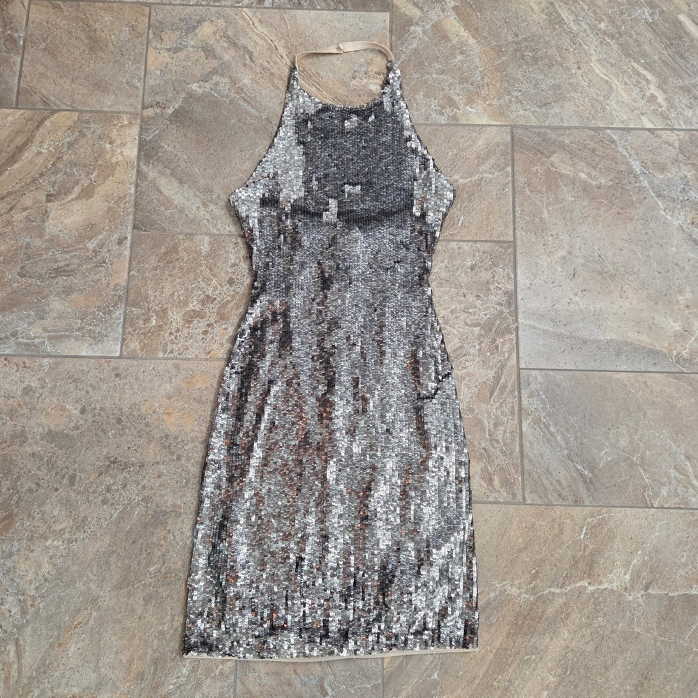 Alice + Olivia Silver Sequin‎ Halter Mini Dress Metallic Cocktail Party Bodycon